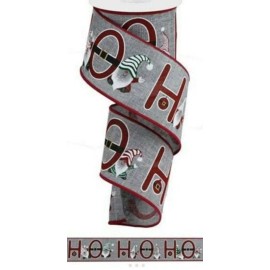 Expressions 5 Yds X 2.5 " wide on gray with RED HO HO & GNOMES w Glitter Wired ribbon rb