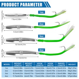 AGOOL Saltwater Diamond Jigs Fishing Lures Spoons with Tube Tail Flashing Teaser Stainless Steel J Hook for Offshore Trolling Striper Bass Cod Big Game Fishing 1oz,2oz,3oz,4oz 1PC (Green, 2 oz)