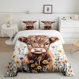 Feelyou Highland Cow Comforter Set Twin Size Kids Highland Cattle Bedding Set for Boys Girls Teens Animal Floral Comforter Breathable Western Decor Duvet Set Farmhouse Quilt Set