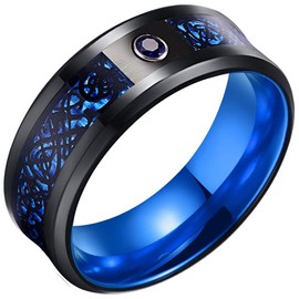 LOTIITEL - Anillos de titanio de 8 mm con diseño de dragón celta de fibra de carbono e incrustaciones de circonita cúbica con acabado pulido, ajuste cómodo para hombres y mujeres, Titanio, Zirconia cúbica