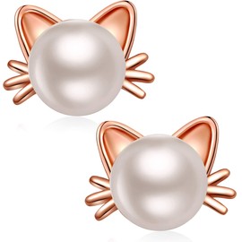 jiamiaoi Cat Earrings, 925 Silver Pearl Earrings, Cat Stud Earrings, Children Cat Pearl Earrings, Silver / Gold / Rose Gold 7.5 mm Freshwater, Silver