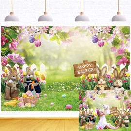 Easter Spring Garden Backdrop Easter Rabbit Eggs Pink Floral Green Lawn Fence Photography Background Baby Shower Kids Birthday Party Decorations Photo Props 7x5FT