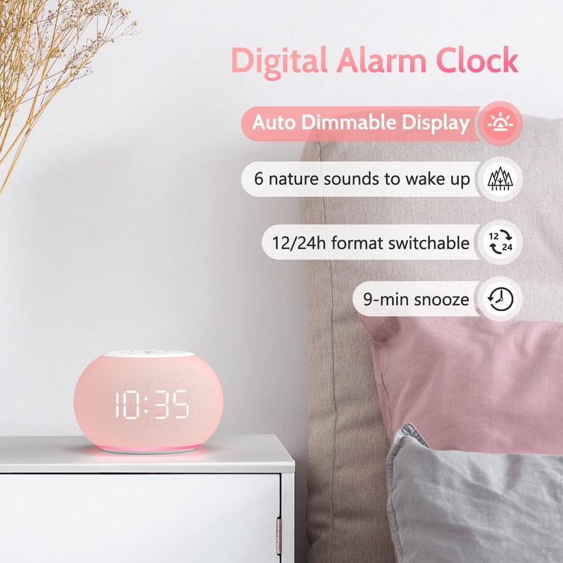 Reacher Auto Dimmable Sound Machine Alarm Clock with Night Lights,
