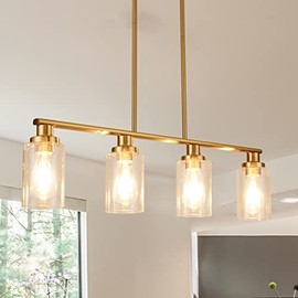 KPIOK Kitchen Island Lighting, 4-Light Dining Room Light Fixture, Gold Pendant Lighting for Kitchen Island Dining Table Living Room with Clear Glass Shade