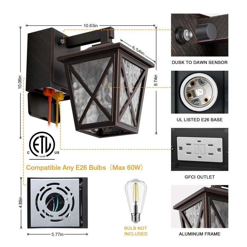 Ehaho Porch Lights with Outlet, Dusk to Dawn Outdoor Light
