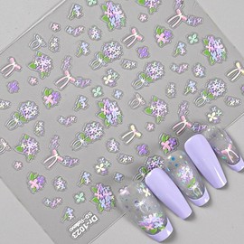 Flower Nail Art Stickers 5D Embossed Flower Nail Decals 3PCS Pink Tulip Blue Purple Floral Nail Design Stickers Spring Summer Flowers Sticker for Nails DIY Manicure Nail Art Supplies