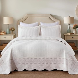 MarCielo 100% Cotton Quilt Set White Lightweight Bedspread with Scalloped Edge, Farmhouse Vintage Bedding, All Season Use(TC Off-White,King (114"x102"))