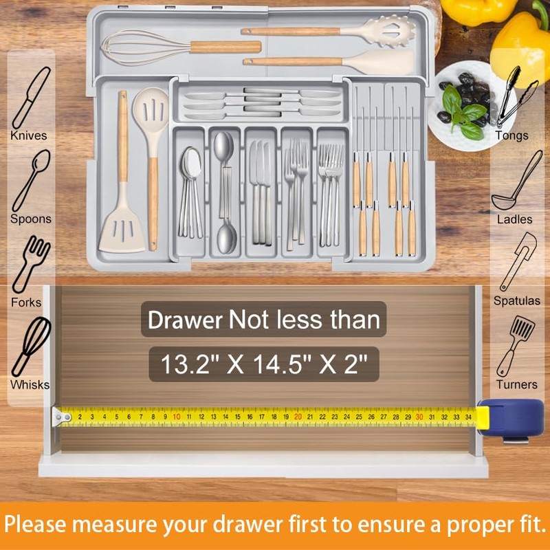 Silverware Drawer Organizer for Kitchen, Adjustable Utensil Drawer Organizer with