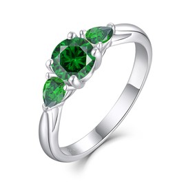 PYNZY Engagement Rings 925 Sterling Silver Promise Rings for Women, Round Cut 3-Stone Wedding Rings Created Emerald Birthstones for Jewelry Gift-6