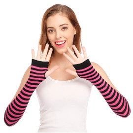 Punk Gothic Rock Long Arm Warmer Fingerless Gloves, Black Fuchsia, One Size