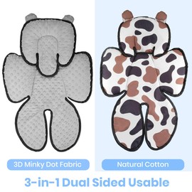 Honeau 3in1 Baby Car Seat Head Body Support,Soft Breathable Infant Car Seat Insert Newborn Boy Girl,Reversible Cotton-Minnky Carseat Head Support Pillow Cushion for Infant Stroller,Swing,Bouncer(Grey)