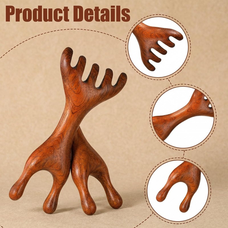 Wooden Scalp Massager 2 Pcs 5-Claw Natural Sandalwood Massage Comb