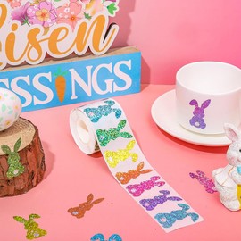 Garegce 500pcs Easter Stickers Roll, Happy Easter Bunny Stickers for Kids Children Party, Cute Glitter Decorating Gift Wrapping Roll Bunnies Sticker for DIY Arts Greeting Cards Party Home