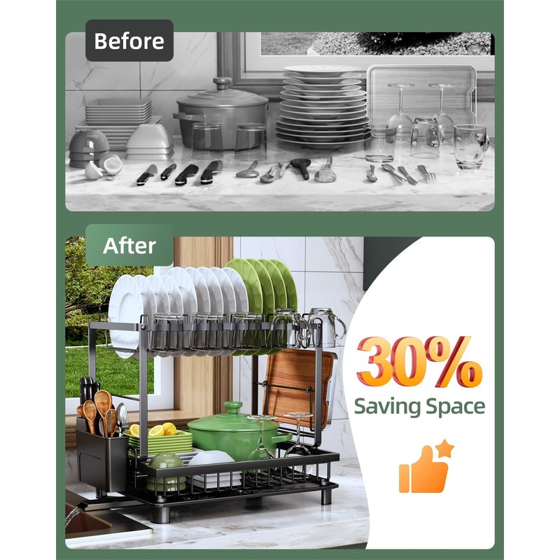 Nfnoyp Dish Drying Rack, 2 Tier Space-Saving Dish Rack, Multifunctional