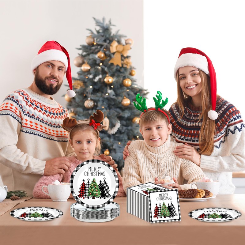 50 Pcs Christmas Paper Plates 9 inch Black Buffalo Plaid