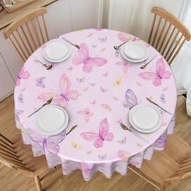 PINEPAL Pink Butterfly Round Tablecloth 60 Inch Winter Christmas Decorations Xmas Decor Washable Water Wrinkle Resistant Round Table Cloth for Home Kitchen Dining Room Picnic Holiday Party