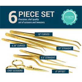 O'Creme Set of Culinary Tweezer Tongs Offset, Straight and Curved, Plus Super Sharp Chef Scissors, Total 6 Pieces (Gold)