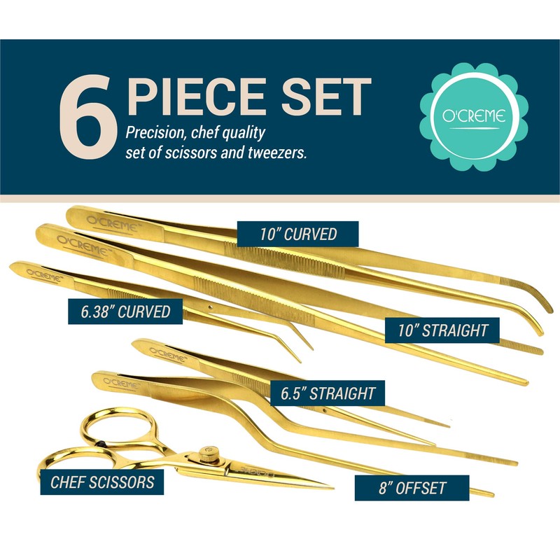 O'Creme Set of Culinary Tweezer Tongs Offset, Straight and Curved,