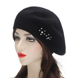 ZLYC Women's Wool Beret Classic French Beret Warm Beret Hat, flowers black