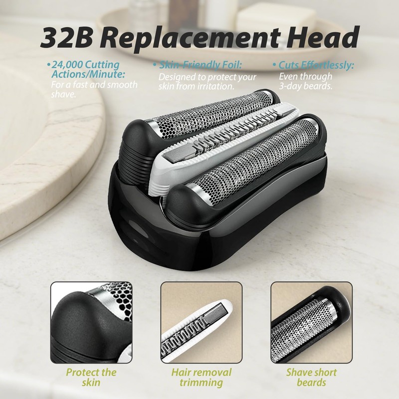 32B Replacement Shaver Heads, Compatible with Braun Series 3 Shavers