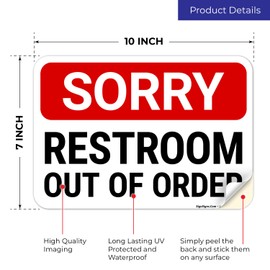 Sigo Signs, Sorry Restroom Out of Order Sign, 10x7 Inches, 4 Mil Vinyl Decal Stickers Weather Resistant, Made in USA