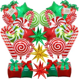 Christmas Foil Balloons, 30Pcs Christmas Round Swirl Candy Cane Gift Box and Star Mylar Balloons, Red Green Gold Xmas Mylar Foil Balloons for New Year Holiday Candyland Theme Party Decorations