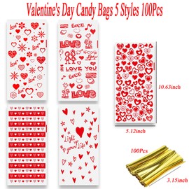 100 PCS Valentine's Day Treat Bags, 4 Styles Heart Lovers Print Pattern Cellophane Plastic Goodie Candy Snacks Cookies Packing with 100 PCS Twists for Valentine's Day Party Decor, Style 2
