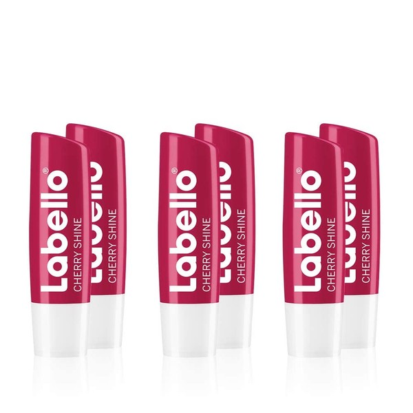Labello Cherry Shine Lip Balm with Delicate Red Shine and Shimmer Pigments and Cherry Shape, Pack of 6 (6 x 4.8 g)