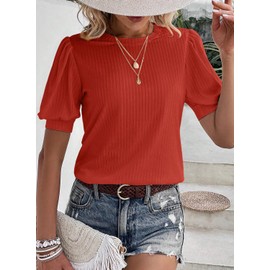 Spriolim Womens Short Sleeve Summer Blouse Fashion 2024 Top Loose Casual Puff Sleeve Shirts Rust, X-Large