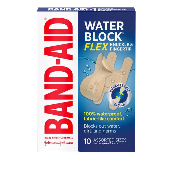 Band-Aid Brand Water Block Flex 100% Waterproof Adhesive Bandages for Knuckles & Fingertips, FirstAid Wound Care of Minor Cuts, Scrapes & Wounds, Ultra-Flexible Design, Assorted, 10 Count