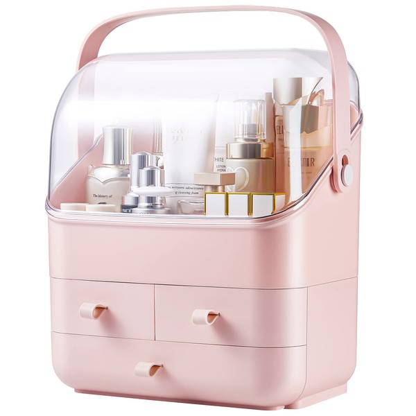 SUNFICON Pink Makeup Organizer Holder Cosmetic Storage Box with Dust Free Cover Portable Handle,Fully Open Waterproof Lid, Dust Proof Drawers,Great for Bathroom Countertop Bedroom Dresser