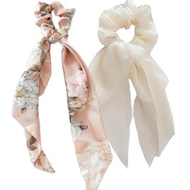 Floral Patterned Satin and Solid Colored Chiffon Hair Scarf Scrunchie Set, 2 Pieces (Pink Floral and Cream)