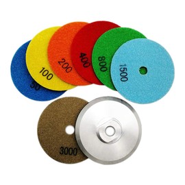 SHDIATOOL Dry Diamond Polishing Pads 7PCS Set Mixed Grits and a M14 Aluminum Pad Attachment for Granite Marble Stone Ceramic Dia 4 Inch 100mm
