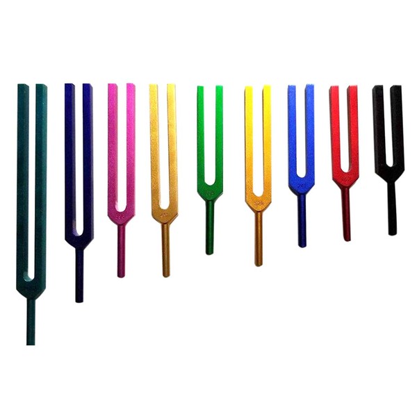 Radical Solfeggio 9 Colored Tuning Forks with Long Stem Includes DNA Repair Fork for Sound Energy Field Healing with Activator & Velvet Pouch