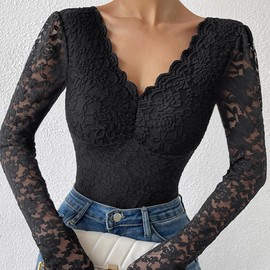 ABAFIP Women's Sheer Long Sleeve Floral Lace Bodysuit Blouse Top V-Neck Backless Going out Leotard Tops Black Large
