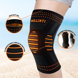 Millenti Knee Compression Sleeve Brace - For Knee Pain Running, Arthritis, ACL, Basketball, Football, Gym, Crossfit, Men Women Sport Injury Recovery, (Single) Black Orange, See Chart Size XL, KB01XLOG