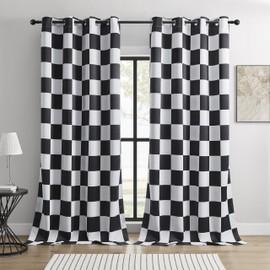 BOHOMOCASA 100% Blackout Curtains – Black and White Checkered Race Flag Pattern, 2 Panels, Each W52×L84, Thermal Insulated, Nosie Reducing for Bedroom, Living Room - Modern Sporty Design