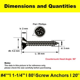 KELUBATU M3 Carbon Steel Black Phillips Screws, Countersunk Head Wood Screws Self-Tapping for Furniture, Woodworking-M3 x 30 mm 80 Pcs and M6 Screw Anchors 20 Pcs