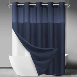 SORTTO No Hook Slub Textured Shower Curtain with Snap in Liner - Navy Fabric Outer Curtain & Waterproof Inner Liner, Hotel Style with See Through Top Window, 71x74 in