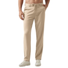 Willit Men's Linen Pants Casual Linen Dress Pants Drawstring Beach Summer Lightweight Trousers Khaki 34W x 30L