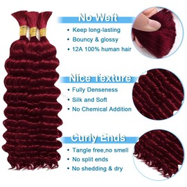 CIFENDIN Human Braiding Hair for Boho Braids 110g 18 Inch Burgundy Curly Boho Hair for Braiding Knotless 12A Deep Wave Wet and Wavy Bulk Bohemian 3 Bundles/Pack Color 99J
