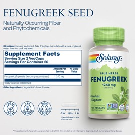SOLARAY Fenugreek Seed 1240 mg, Healthy Digestion Support and More, Vegan and Lab Verified for Quality, 50 Servings, 100 VegCaps