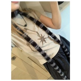 Y2k Striped Scarf Long Skinny Fuzzy Neckerchief Belt Fluffy Scarves Acubi Grunge Accessories Alt Emo Scene Streetwear (Gray,One Size)