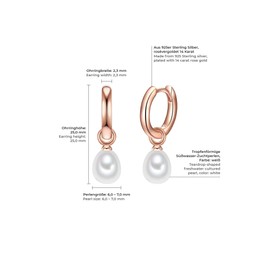 Valero Pearls Women's Creole Earrings Sterling Silver 925 Rose Gold-Plated Freshwater Cultured Pearls White - Earrings for Women in Rose Gold Colours with Freshwater Pearl, Sterling Silver