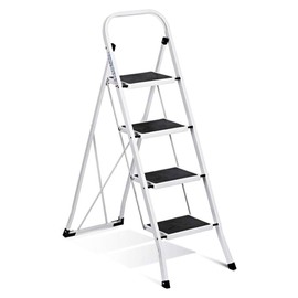 Delxo 4 Step Alloy Steel Folding Stool Portable Ladder with Hand Grip and Secure Locking Mechanism for Indoor or Outdoor Use, White