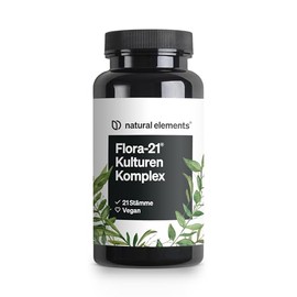 natural elements Flora 21 Culture Complex - 21 Bacterial Strains + Organic Inulin - 60 Enteric Juice-Resistant Capsules - Laboratory Tested, Vegan, High Dose and Produced in Germany