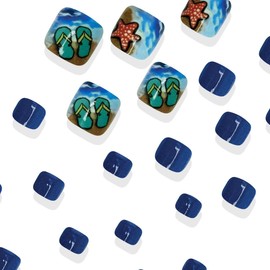 24 PCS Summer French Press on Toenails Short Square Fake Toenails Nude Fake Toe Nails Press Ons Beach Slippers Design Full Cover Solid Color Toe Nail Tips Acrylic Toenails Kit for Women Girl