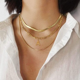 FOCALOOK 18k Gold-Plated Clavicle Chain for Women Girls Pendant Letter with 40 + 5 cm Figaro Chain Trendy Initial Short Necklace Alphabet Letter Jewellery Accessory A to Z Available, Brass