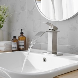 BATHLAVISH Bathroom Sink Faucet Waterfall Brushed Nickel Single Hole Modern with Pop Up Drain with Overflow Vanity Lavatory Single Handle Brush Mixer Tap Deck Mounted