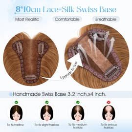 Real Human Hair Toppers,S-noilite Honey Brown Remy Hair Topper for Women with Thinning Hair 3.2x4 inch Lace Silk Base Toppers Hair Piece to Cover Grey Hair (8 Inch,Honey Brown)